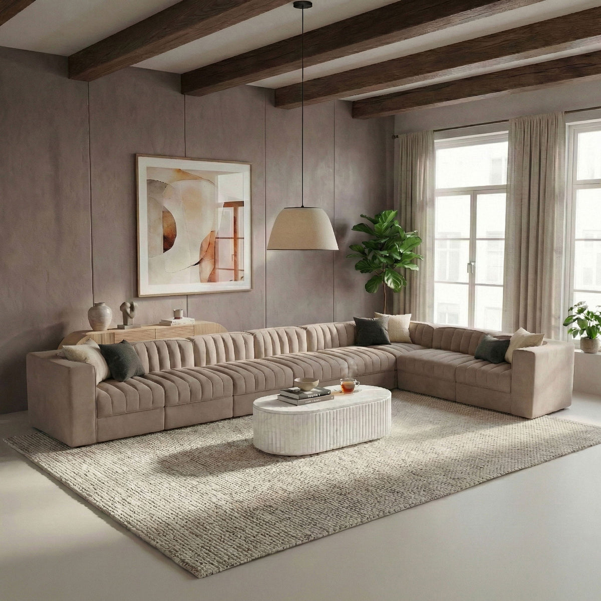 Rummi - Velvet Performance Fabric Upholstered 8 Piece Modular Sectional (With 3 Corner Chairs)