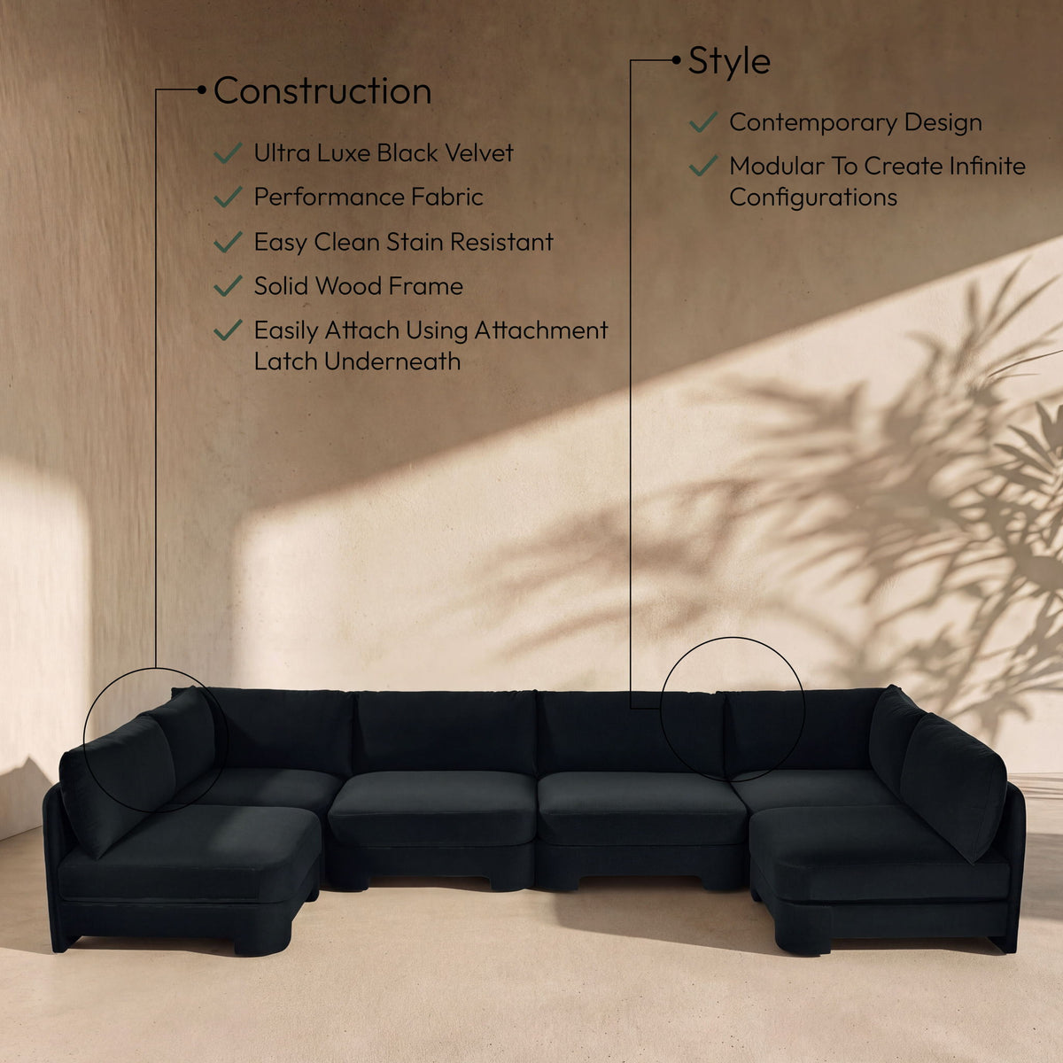 Hammond - Velvet Performance Fabric Upholstered 6 Piece U-Shaped Armless Sectional
