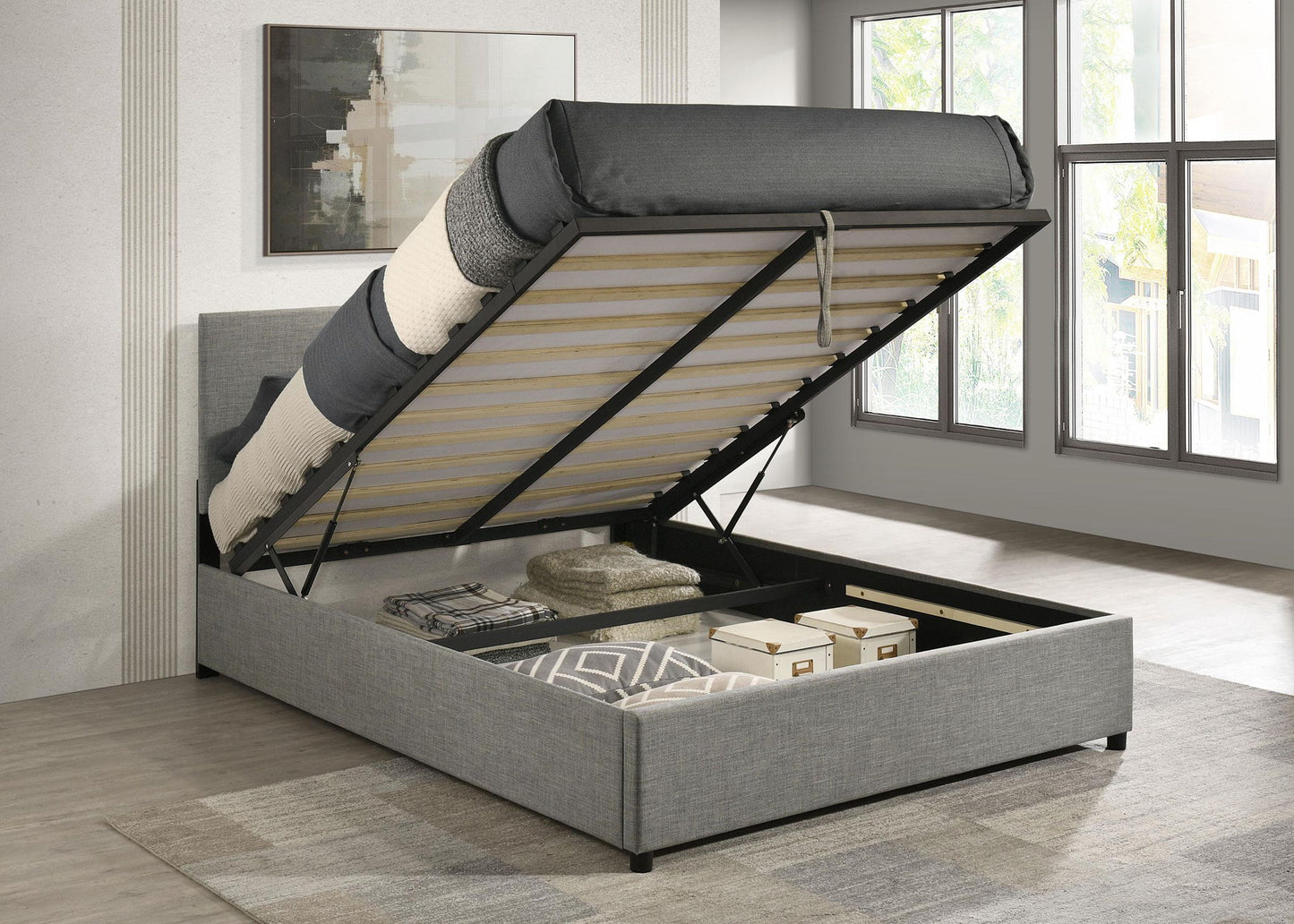 Reeves Upholstered Full Lift-Top Storage Platform Bed Grey
