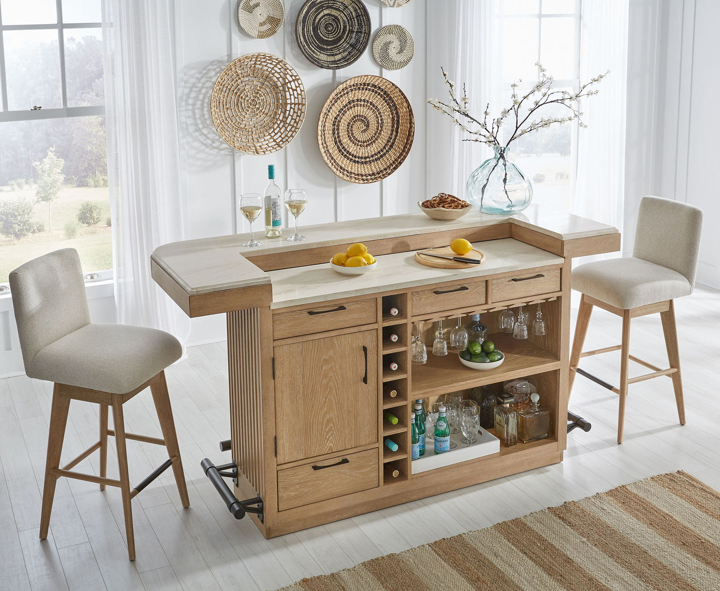 Escape - Dining Bar With 2 Upholstered Swivel Barstools - Glazed Natural Oak / Black Metal Trim