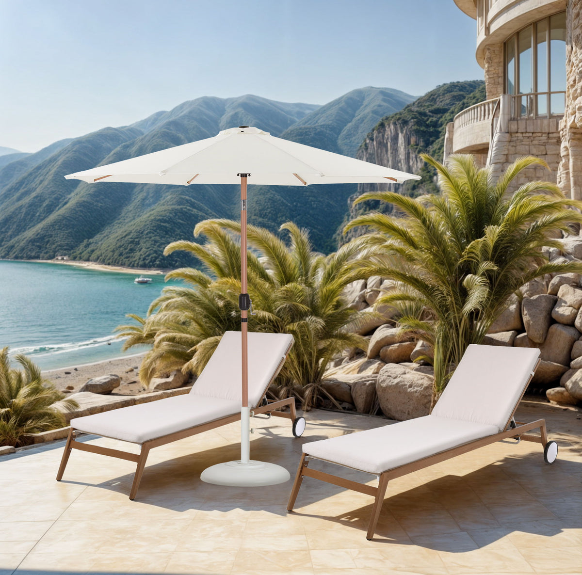 Fiji - Aluminum Patio Umbrella With Round White And Teak Base