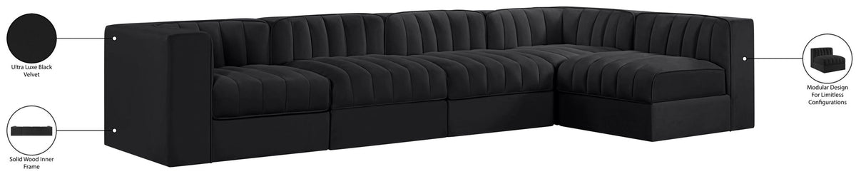 Rummi - Velvet Performance Fabric Upholstered 5 Piece Modular Sectional, L-Shaped (Right)