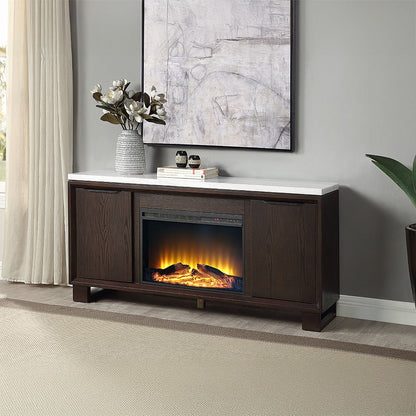 Edwyn - Server With Fireplace - Natural Marble Top & Espresso
