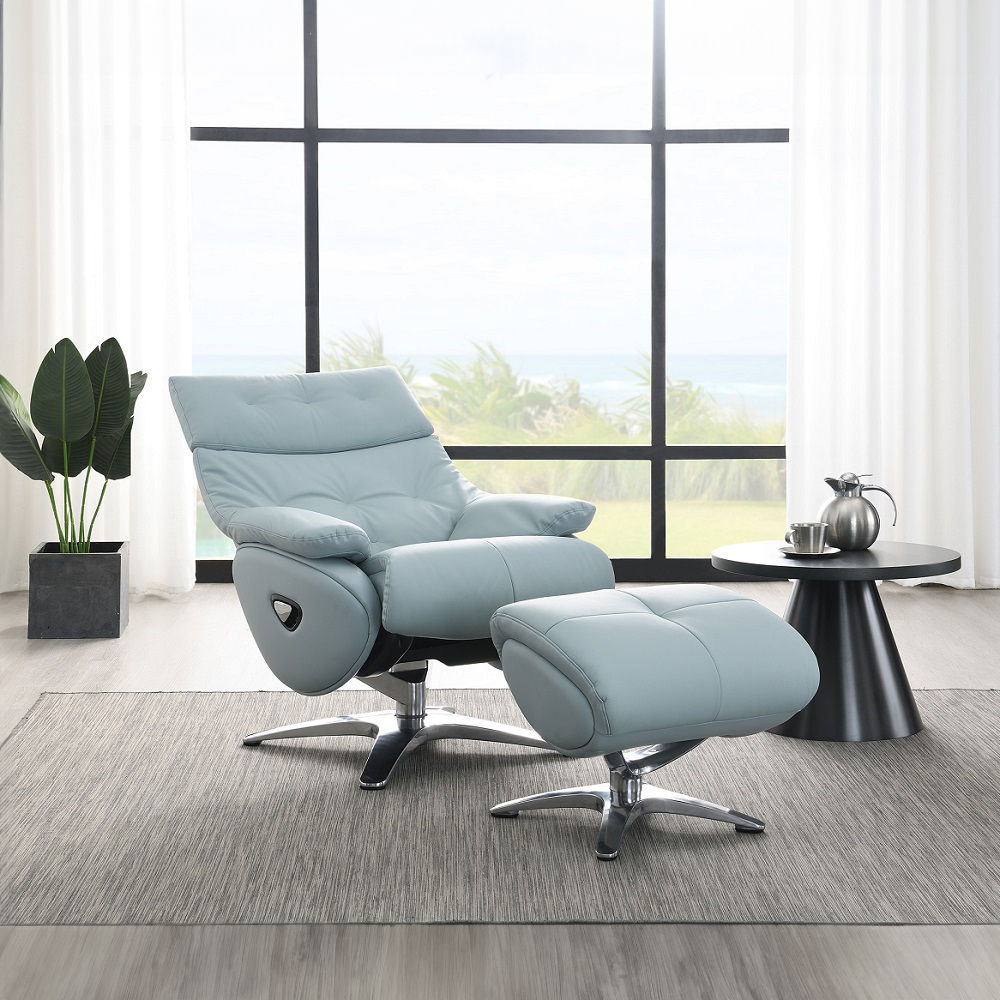 Janella - Motion Accent Chair With Swivel & Ottoman - Babyblue Leather