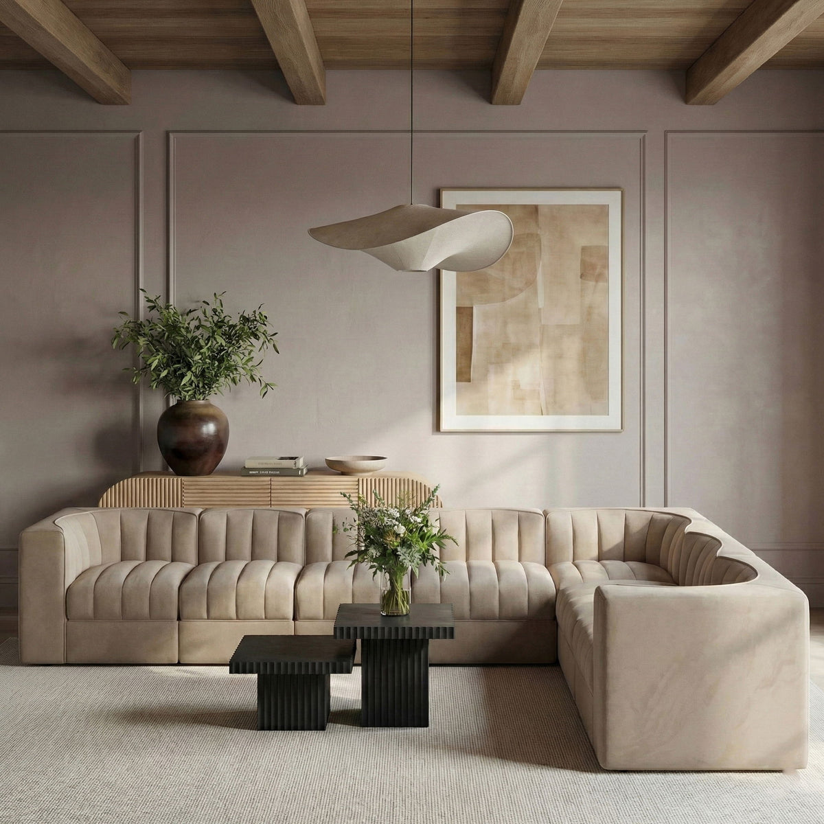 Rummi - Velvet Performance Fabric Upholstered 7 Piece Modular Sectional (With 3 Corner Chairs)