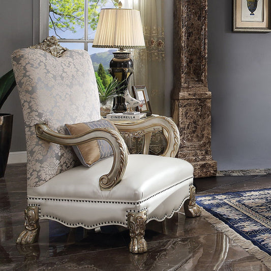 Dresden II - Chair With Pillow - Pearl Synthetic Leather /Fabric & Gold Patina