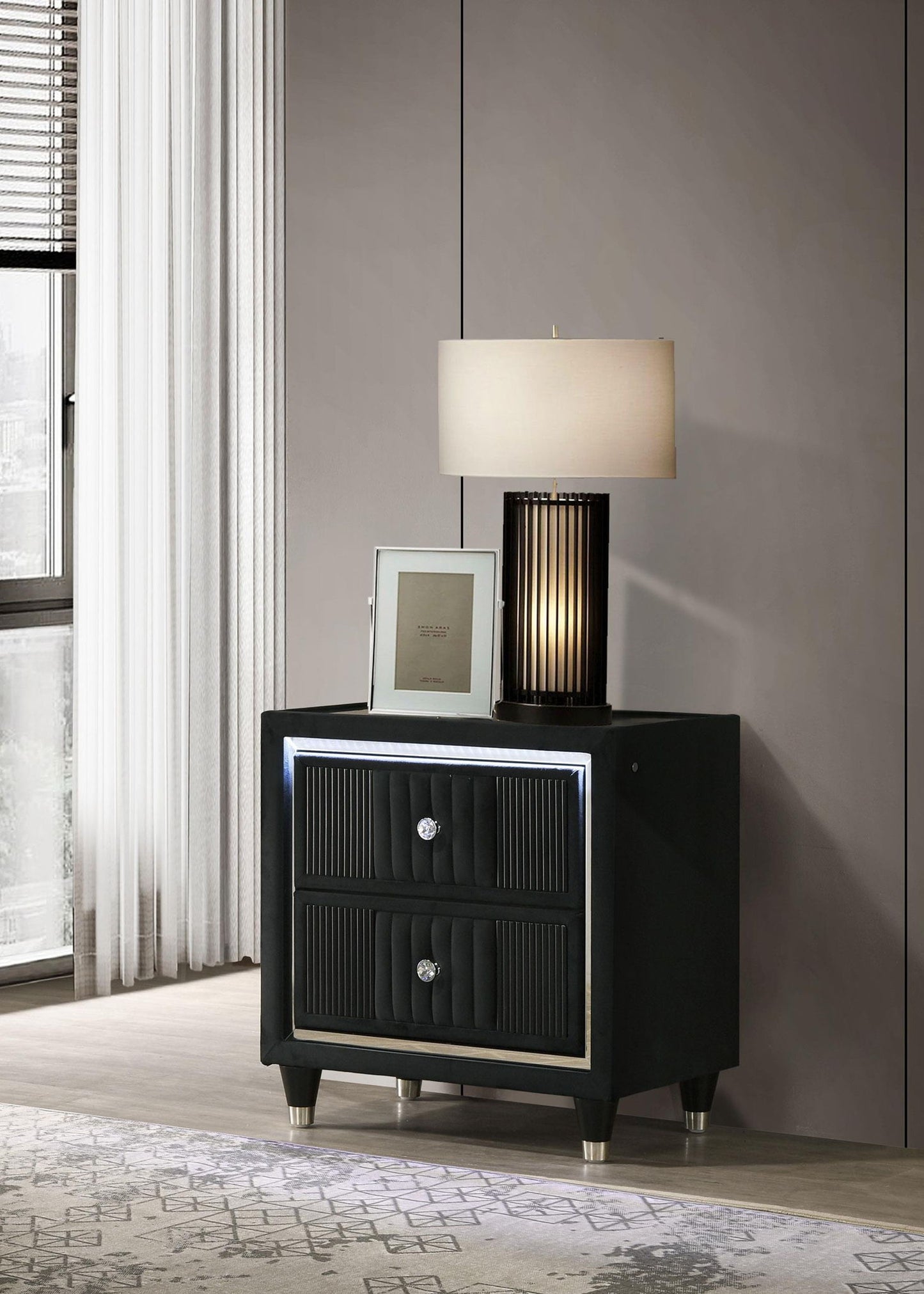 Ravenne 2-drawer Velvet Upholstered LED Nightstand with USB Black
