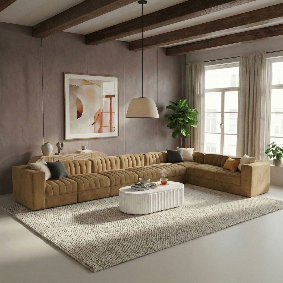 Rummi - Velvet Performance Fabric Upholstered 8 Piece Modular Sectional (With 3 Corner Chairs)