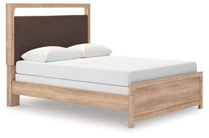Kinlanni - 3 Pc. - Queen Upholstered Panel Bed, Dresser And Mirror - Tan