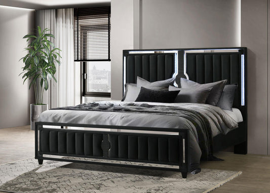 Ravenne Velvet Upholstered Eastern King LED Panel Bed Black