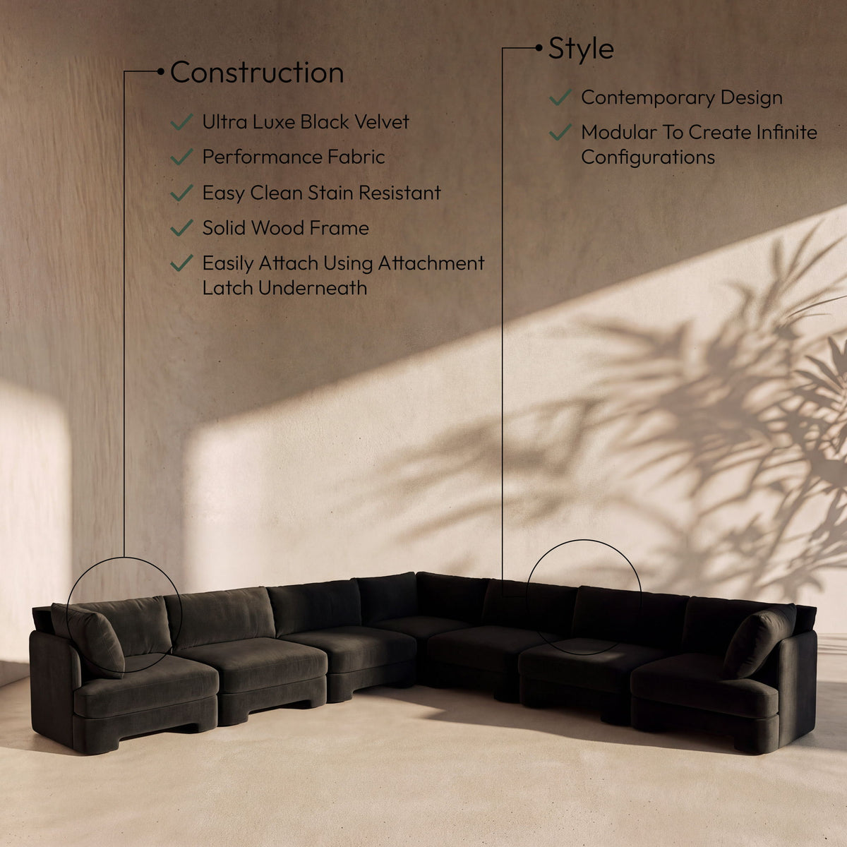Hammond - Velvet Performance Fabric Upholstered 7 Piece Corner Sectional