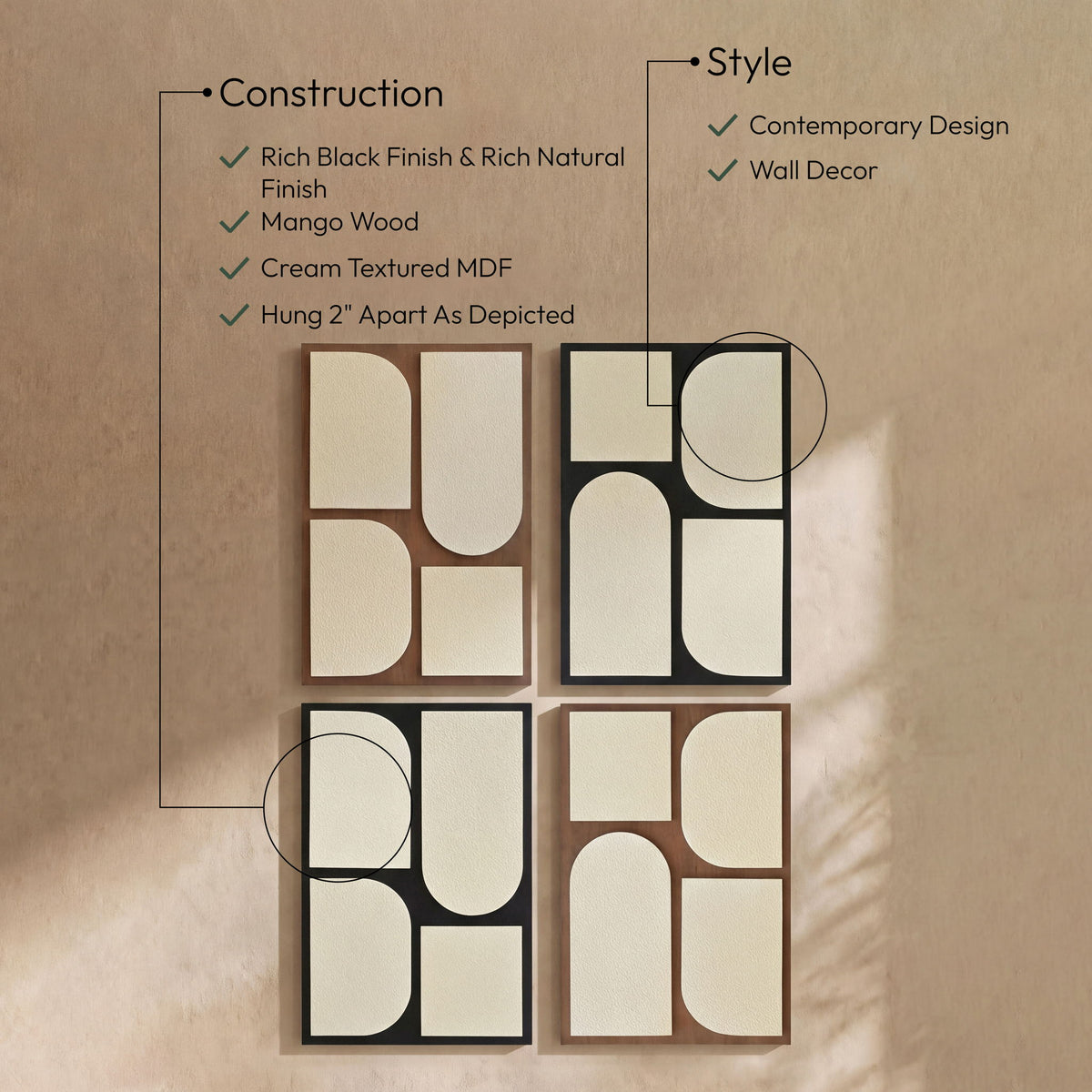 Icon - Mango Wood 4 Piece Wall Art - Black / Natural