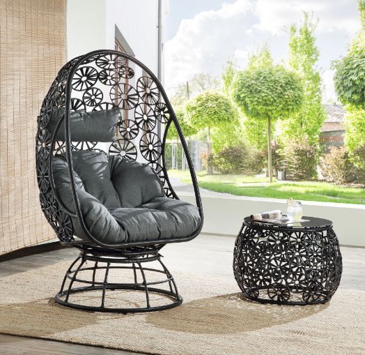 Hikre - Patio Lounge Chair & Side Table - Clear Glass, Charcoal Fabric & Black Wicker