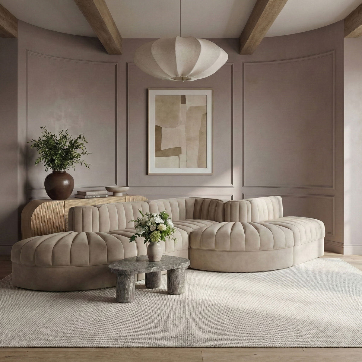 Rummi - Rounded Velvet Performance Fabric Upholstered 5 Piece Modular Sectional