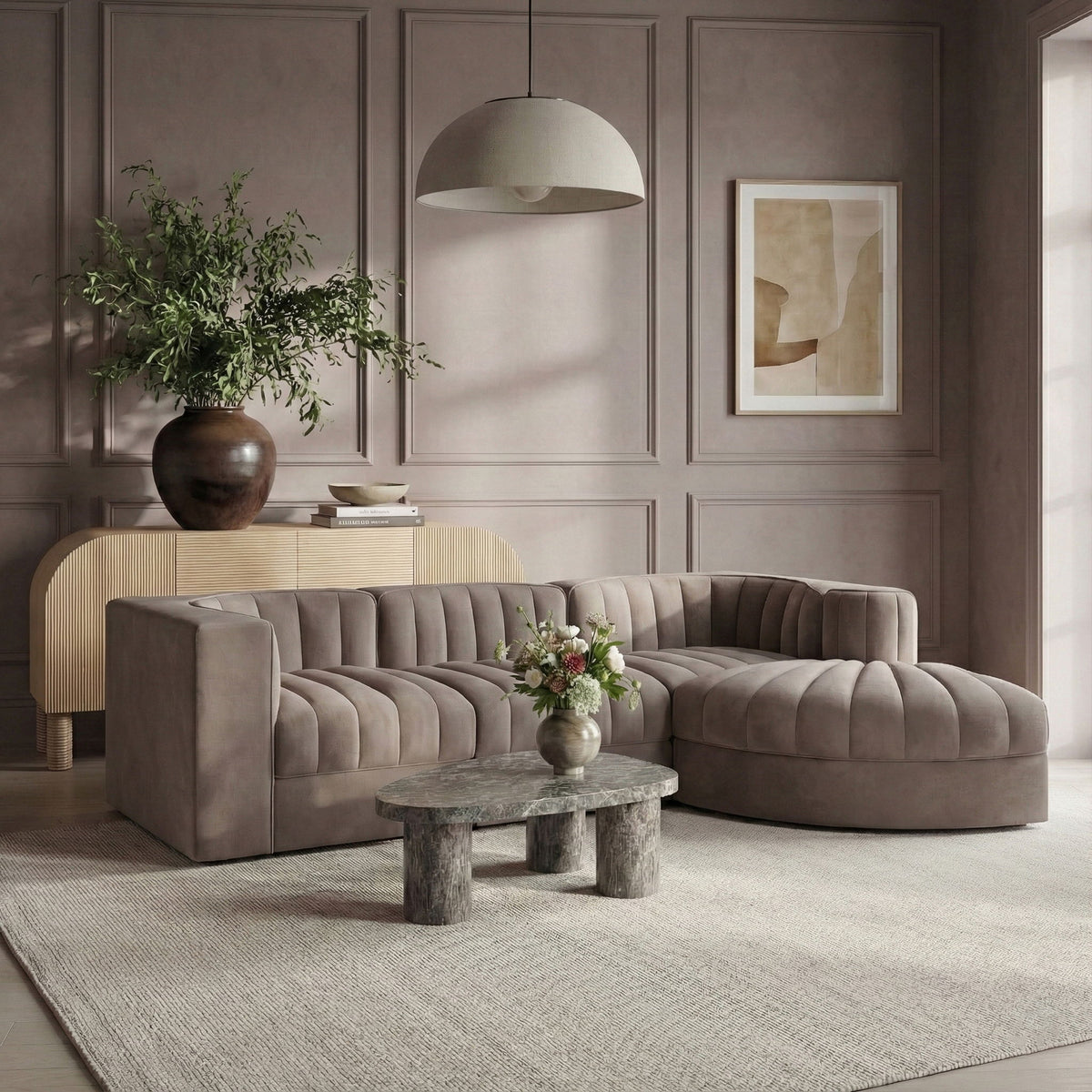 Rummi - Velvet Performance Fabric Upholstered 4 Piece Modular Sectional, With Reverse Corner Chair