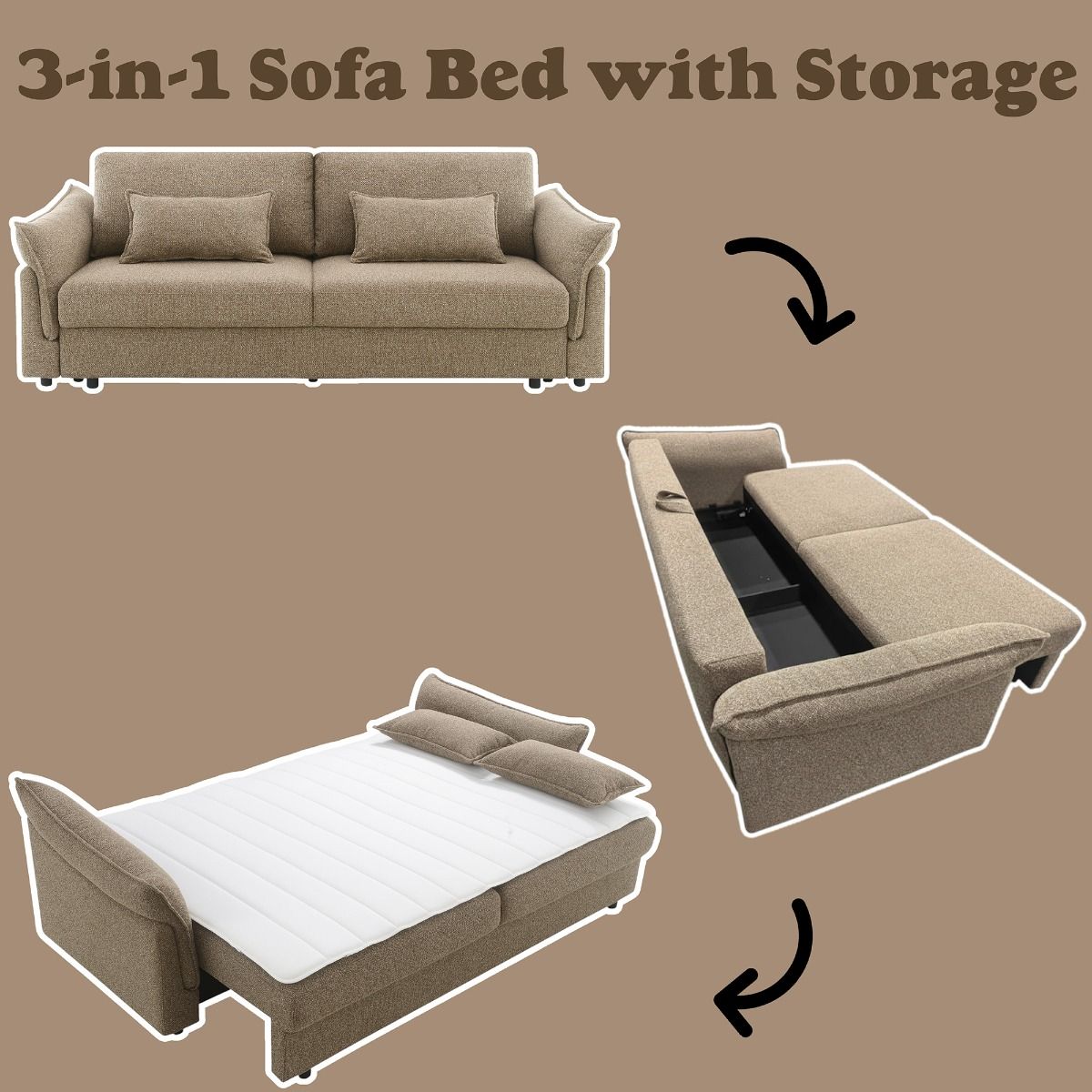 Turpin - Sofa With Sleeper, 2 Pillows & Storage - Brown Boucle