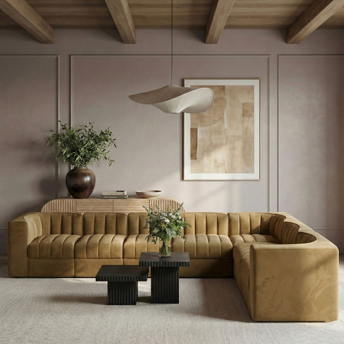 Rummi - Velvet Performance Fabric Upholstered 7 Piece Modular Sectional (With 3 Corner Chairs)
