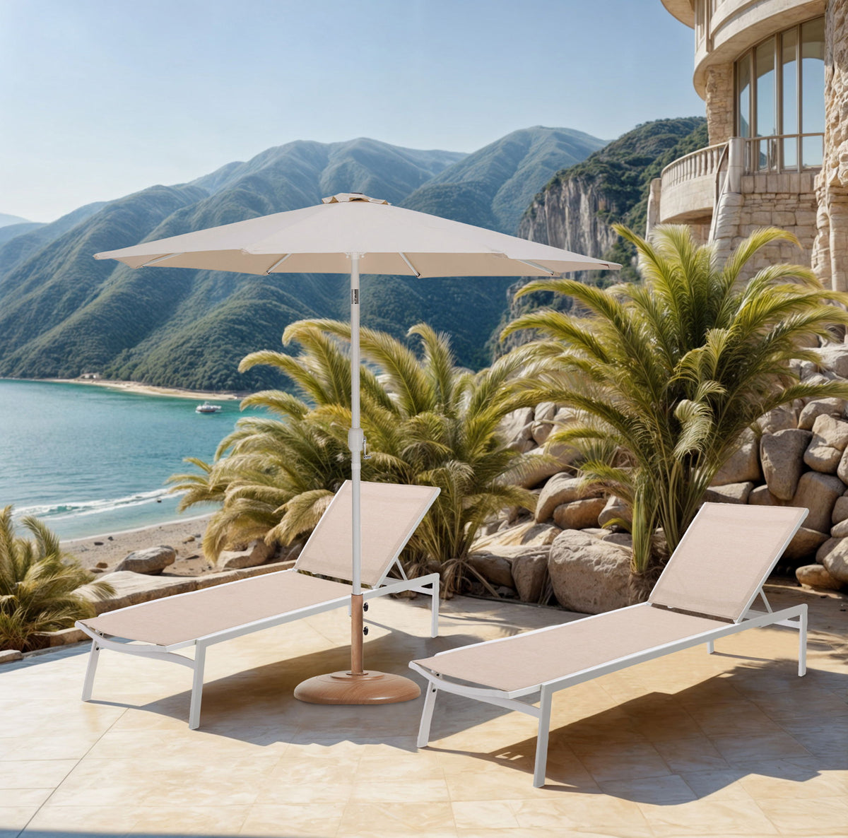 Fiji - Aluminum Patio Umbrella With Round Teak And White Base