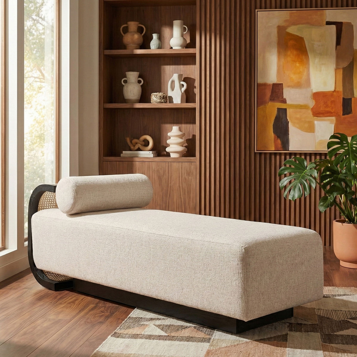 Zephyr - Linen Textured Fabric Upholstered Chaise - Painted Black Base