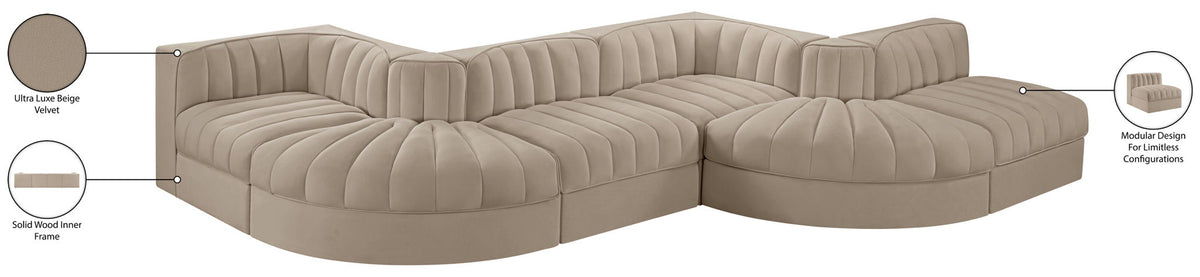 Rummi - Rounded Velvet Performance Fabric Upholstered 6 Piece Modular Sectional