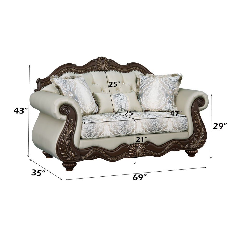 Pierce - Loveseat With 3 Pillows - Beige Fabric & Cherry