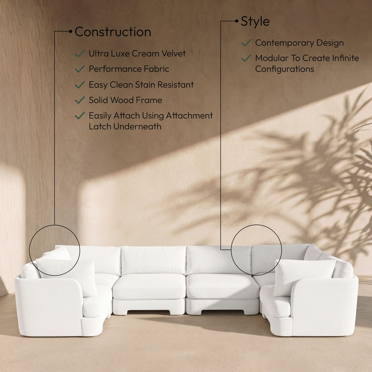 Hammond - Velvet Performance Fabric Upholstered 6 Piece U-Shaped Sectional