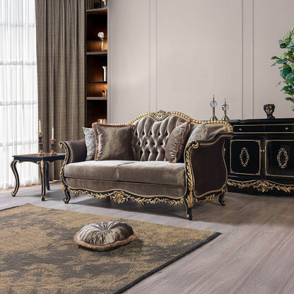 Betria - Loveseat With 4 Pillows - Light Green Velvet, Gold & Black High Gloss