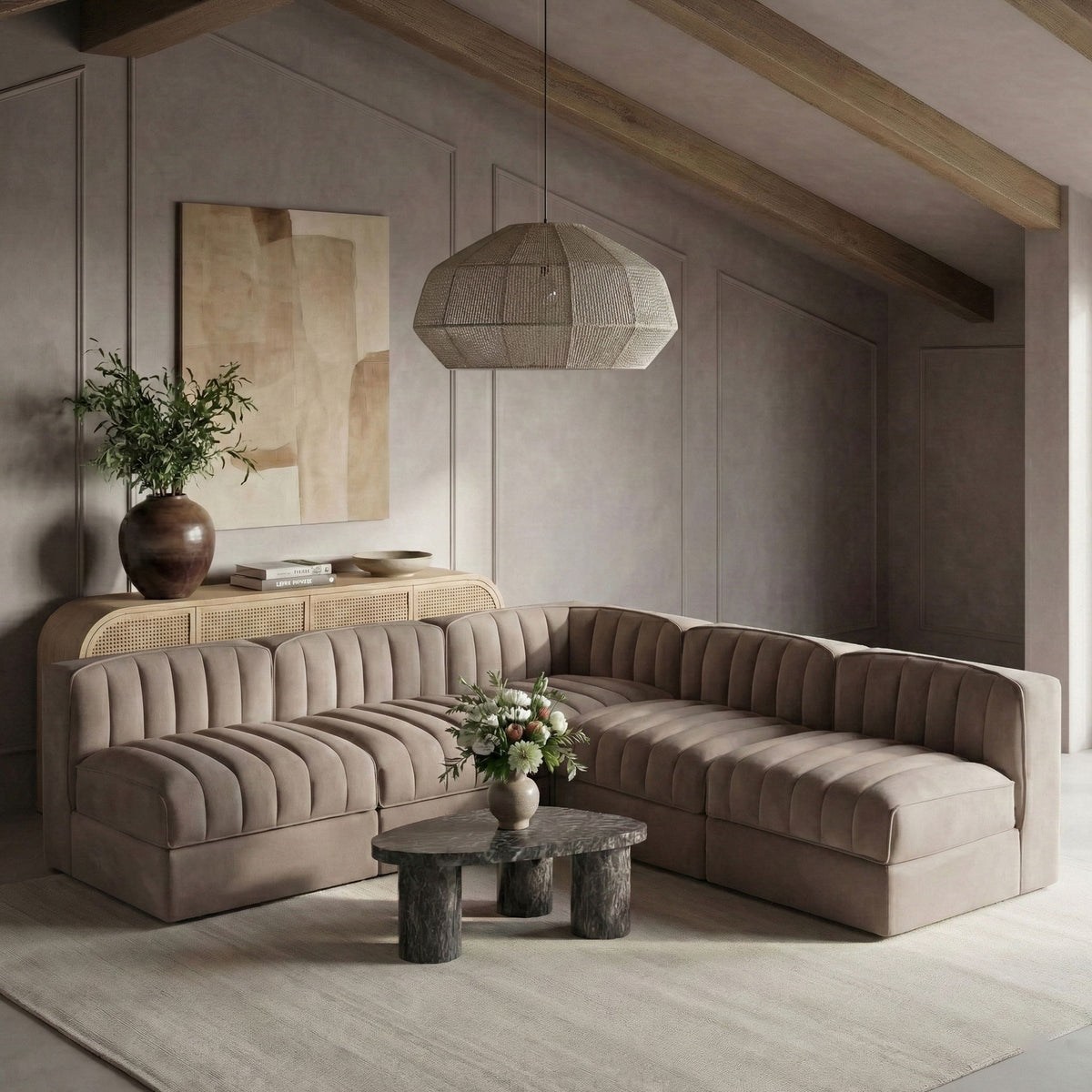 Rummi - Armless Velvet Performance Fabric Upholstered 5 Piece Modular Sectional