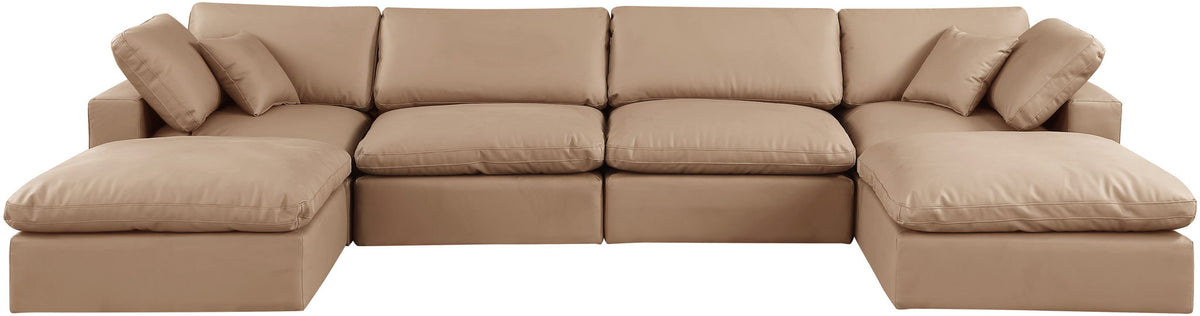 Comfy - 6 Piece Faux Leather Modular Double Chaise Sectional - Tan
