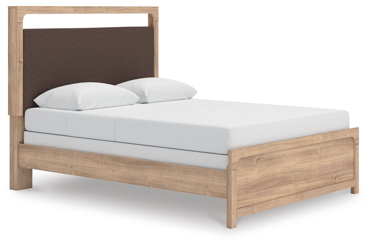 Kinlanni - 3 Pc. - Queen Upholstered Panel Bed, Dresser And Mirror - Tan