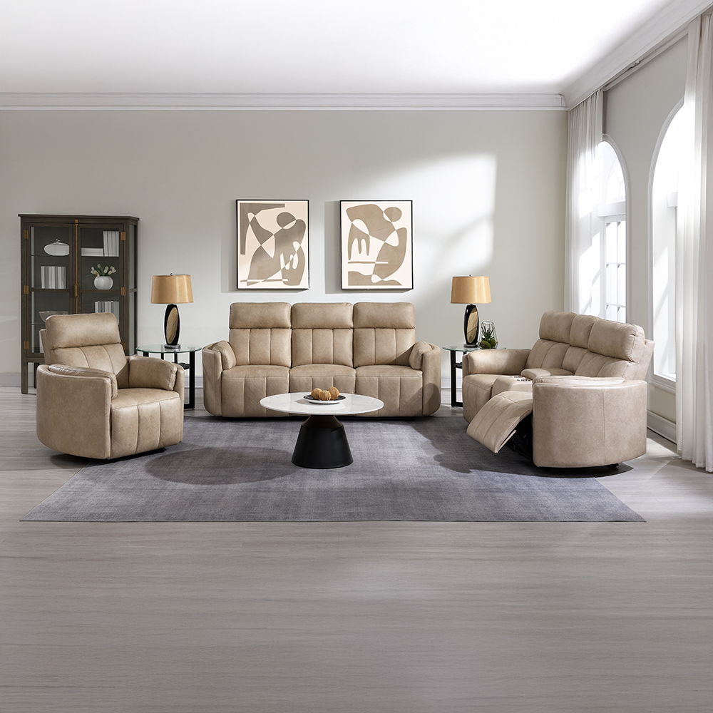 Elison - Motion Glider Recliner With Swivel - Dark Beige Polish Microfiber