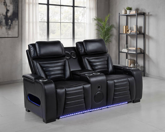 Zuma Faux Leather Dual Power Reclining LED Loveseat Black