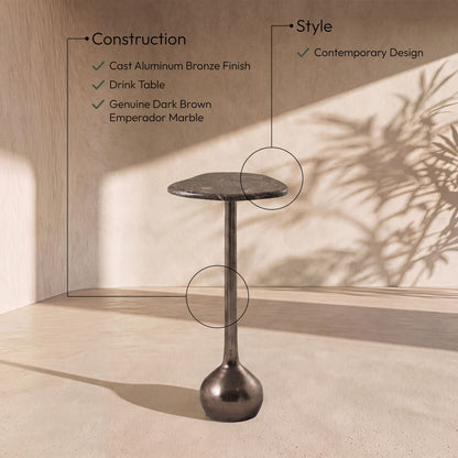 Vireo - Genuine Marble Top And Aluminum Base Drink Table - Brown / Bronze