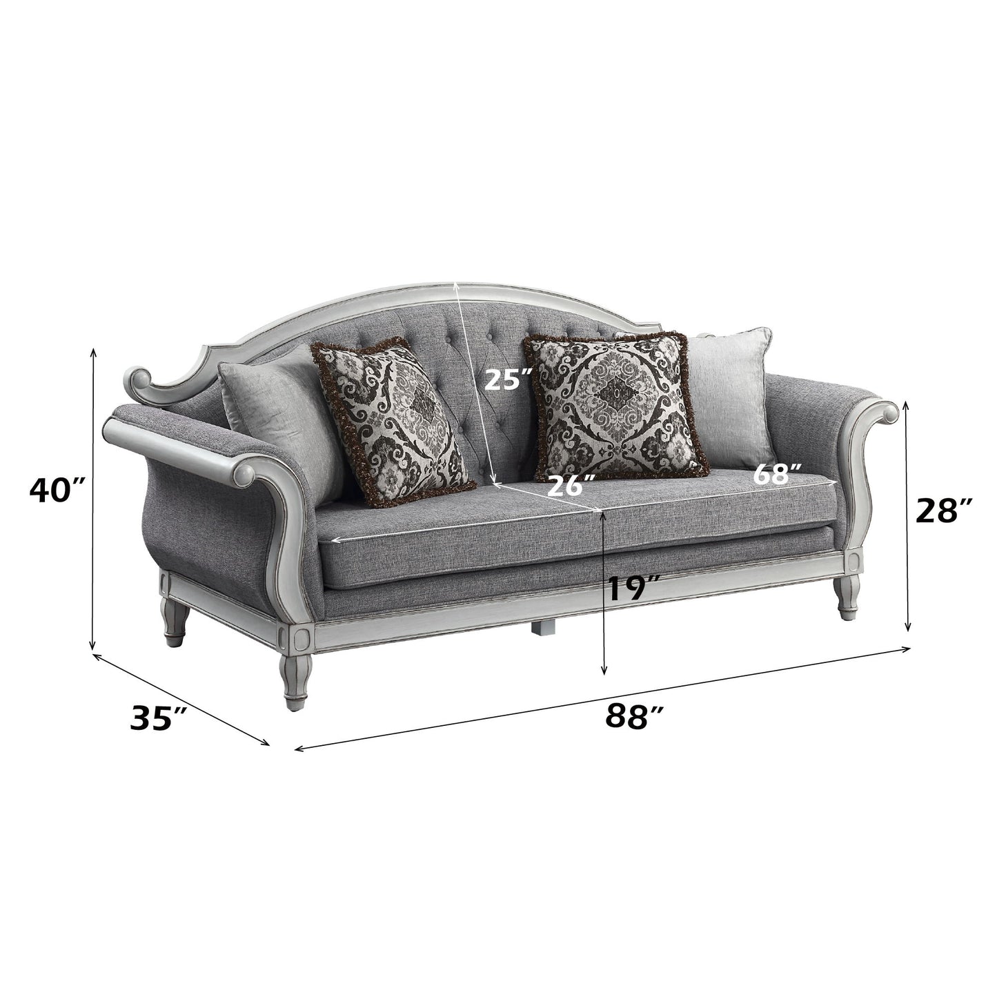 Florian - Sofa With 4 Pillows - Gray Fabric & Antique White