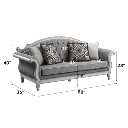 Florian - Sofa With 4 Pillows - Gray Fabric & Antique White