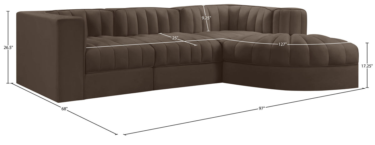 Rummi - Velvet Performance Fabric Upholstered 4 Piece Modular Sectional, With Reverse Corner Chair