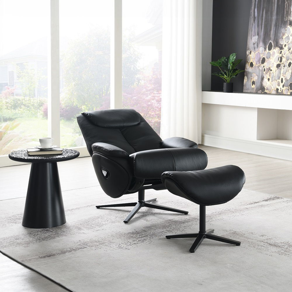 Labonita - Motion Accent Chair With Swivel & Ottoman - Black Top Grain Leather & Black