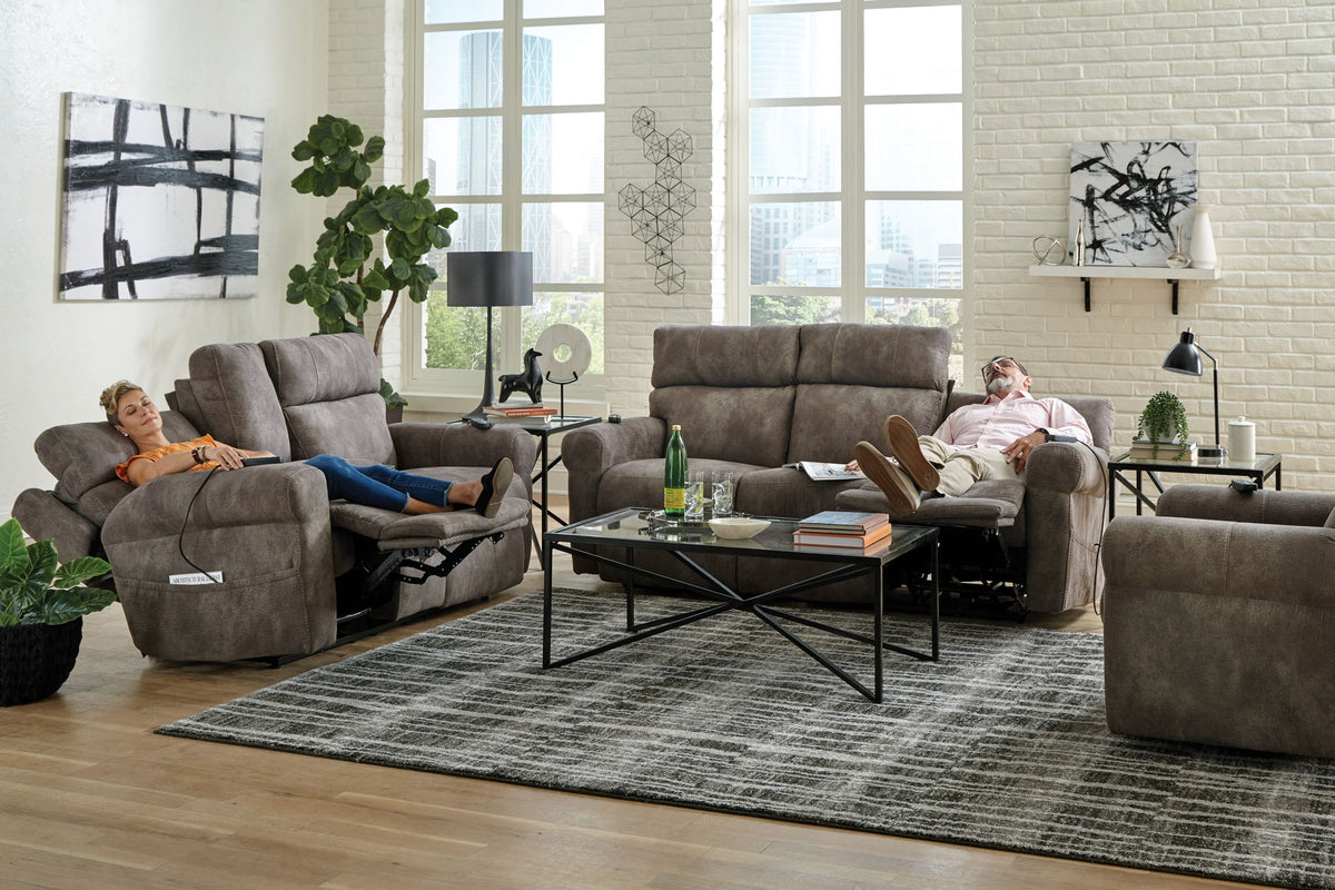 Tranquility - Power Headrest Power Lay Flat Reclining Sofa With DDT / CR3 Heat / Massage / Lumbar - Pewter