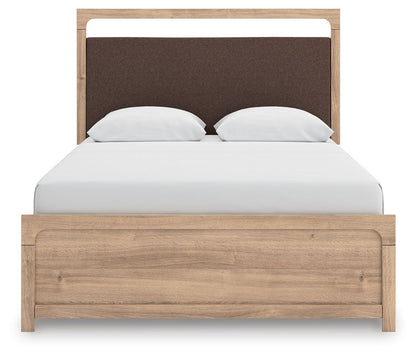 Kinlanni - 3 Pc. - Queen Upholstered Panel Bed With Roll Slats, Dresser And Mirror - Tan